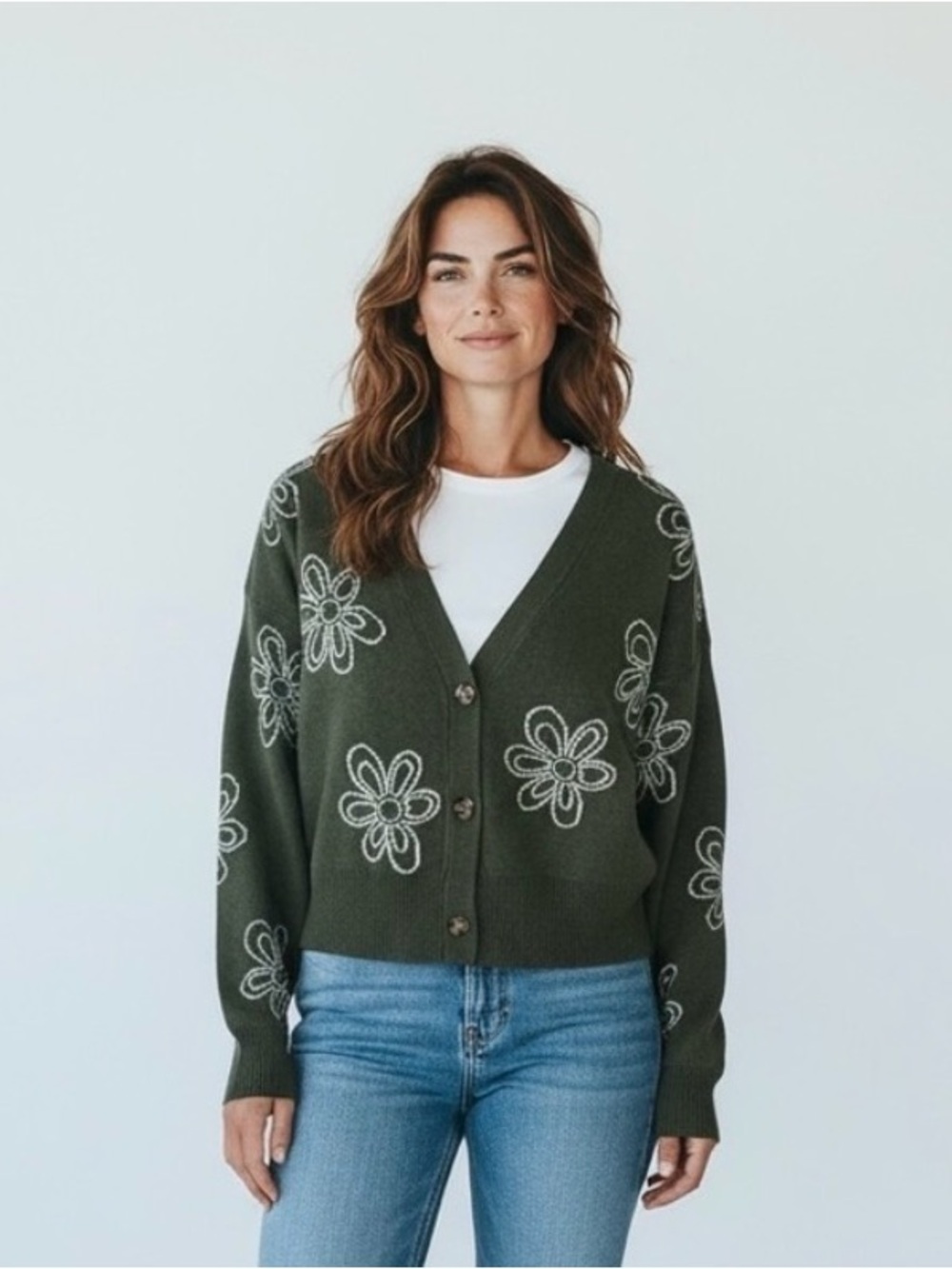 Olive Green Floral Print V-Neck Button Down Knit Cardigan Sweater Size X-Small